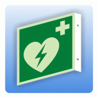 Fahnenschild Rettungszeichen E010 Automatisierter externer Defibrillator (AED) ISO 7010 Fahnenschild Rettungszeichen E010 Automatisierter externer Defibrillator (AED) ISO 7010