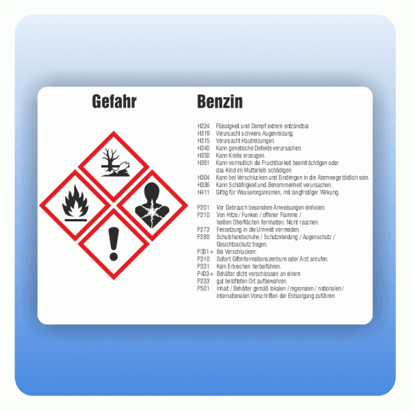 Gefahrstoffaufkleber Benzin für Behälter ab 500 Liter