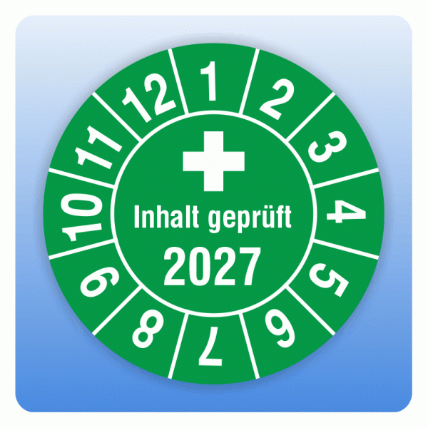Prüfplakette Inhalt geprüft 2027 für Verbandskasten