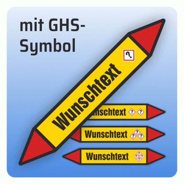 Rohrleitungskennzeichnung Wunschtext und GHS-Symbol nach DIN 2403