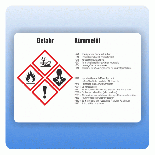 Gefahrstoffaufkleber Kümmelöl für Behälter von 3 bis 50 Liter