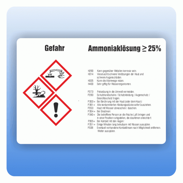 Gefahrstoffaufkleber Ammoniaklösung 25 Prozent für Behälter von 50 bis 500 Liter