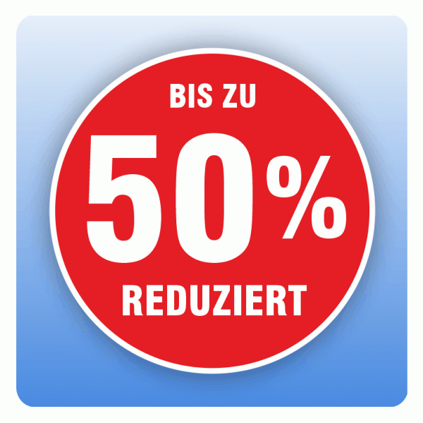 Rabattaufkleber 50 Prozent reduziert für Schaufenster