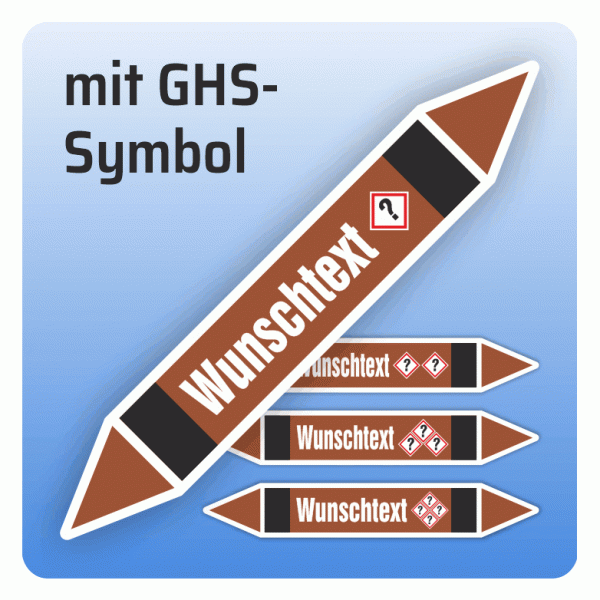 Rohrleitungskennzeichnung Wunschtext und GHS-Symbol nach DIN 2403