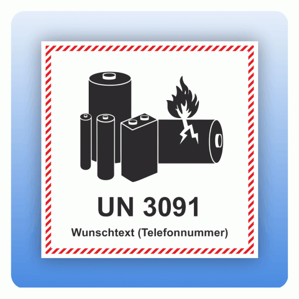 Versandaufkleber UN 3091 Lithium Metall Batterien mit Gerät mit Wunschtext