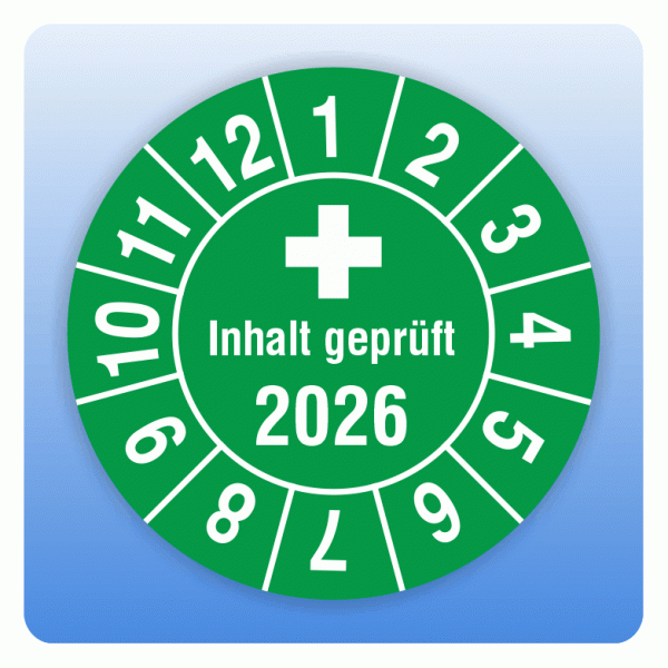 Prüfplakette Inhalt geprüft 2026 für Verbandskasten