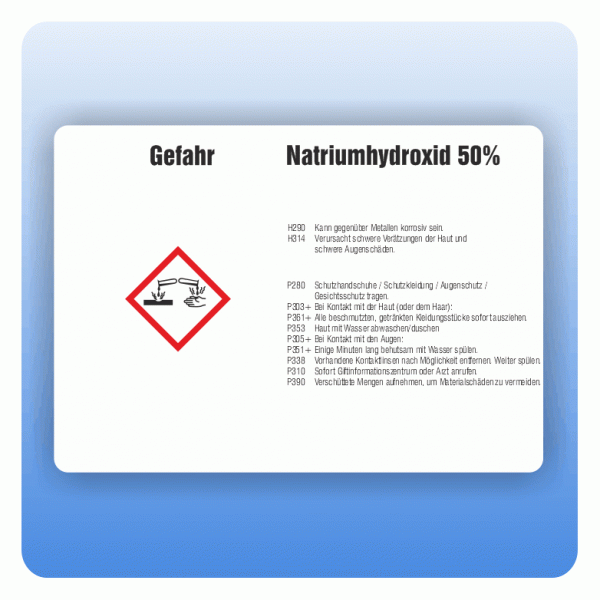 Gefahrstoffaufkleber Natriumhydroxid 50 Prozent für Behälter bis 3 Liter