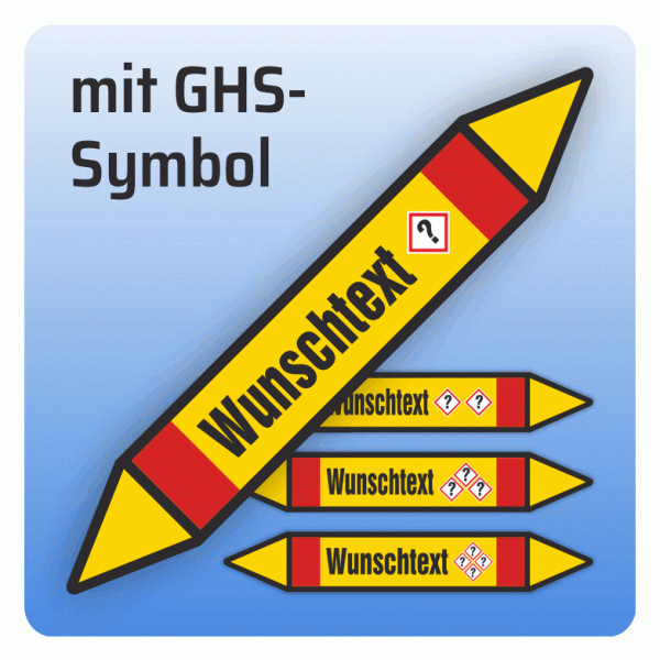 Rohrleitungskennzeichnung Wunschtext und GHS-Symbol nach DIN 2403