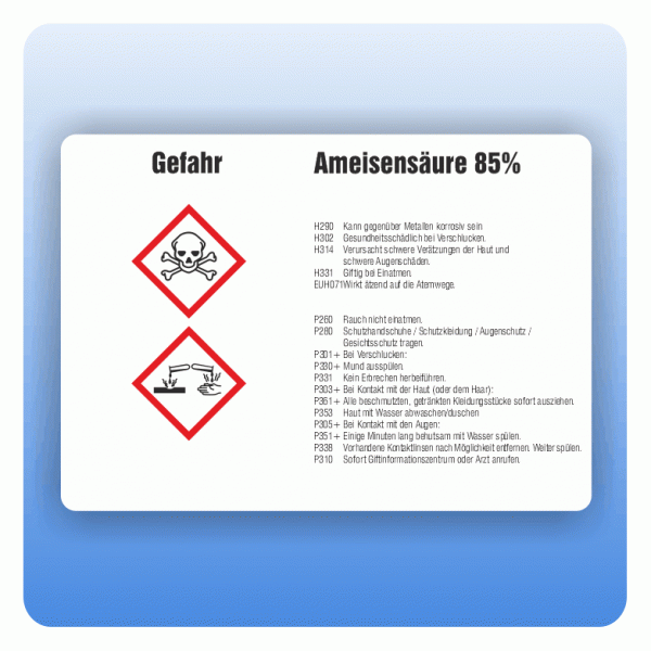 Gefahrstoffaufkleber Ameisensäure für Behälter von 3 bis 50 Liter