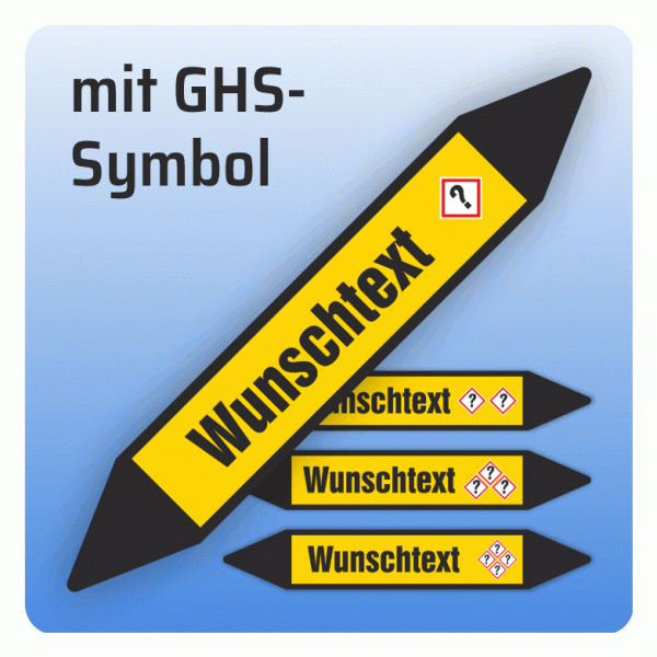 Rohrleitungskennzeichnung Wunschtext und GHS-Symbol nach DIN 2403