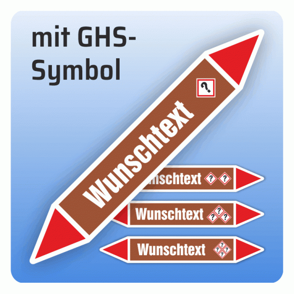 Rohrleitungskennzeichnung Wunschtext und GHS-Symbol nach DIN 2403