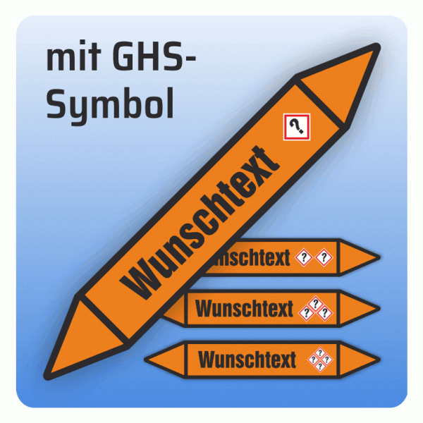 Rohrleitungskennzeichnung Wunschtext und GHS-Symbol nach DIN 2403