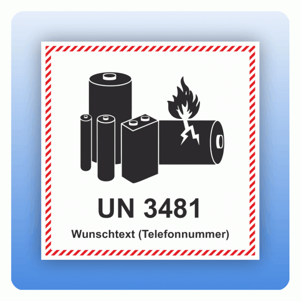 Versandaufkleber UN 3481 Lithium Ionen Batterien mit Gerät mit Wunschtext