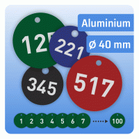 Baummarken / Werkzeugmarken Set - 100 nummerierte Aluminiumplaketten Ø 40 mm Baummarken / Werkzeugmarken Set - 100 nummerierte Aluminiumplaketten Ø 40 mm