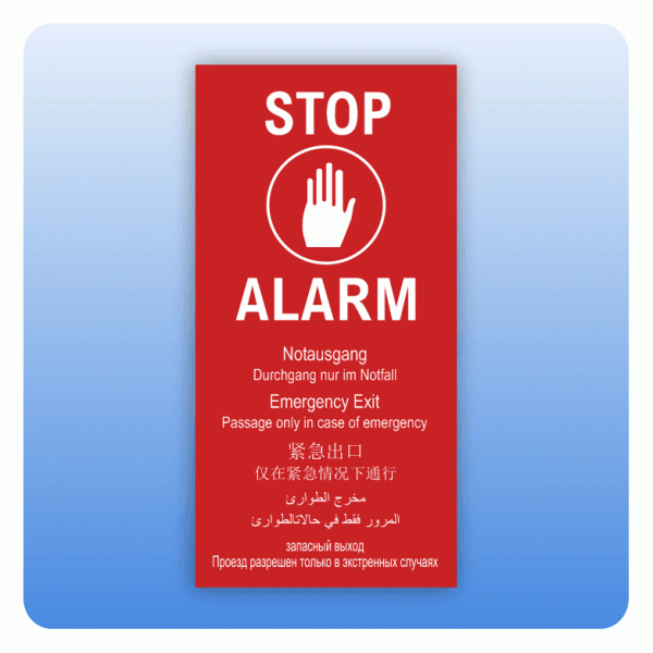 Aufkleber Stop Alarm Notausgang mehrsprachig