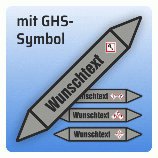 Rohrleitungskennzeichnung Wunschtext und GHS-Symbol nach DIN 2403