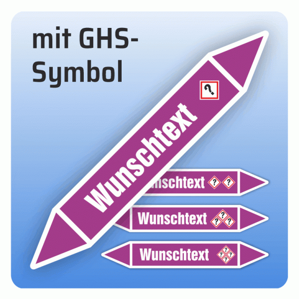 Rohrleitungskennzeichnung Wunschtext und GHS-Symbol nach DIN 2403