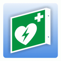 Fahnenschild Rettungszeichen E010 Automatisierter externer Defibrillator (AED) ISO 7010