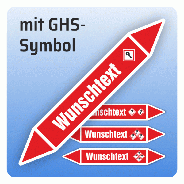 Rohrleitungskennzeichnung Wunschtext und GHS-Symbol nach DIN 2403