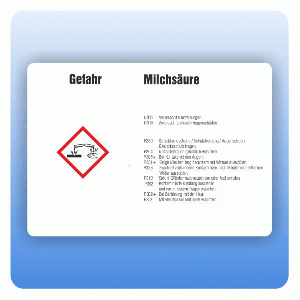 Gefahrstoffaufkleber Milchsäure für Behälter von 3 bis 50 Liter