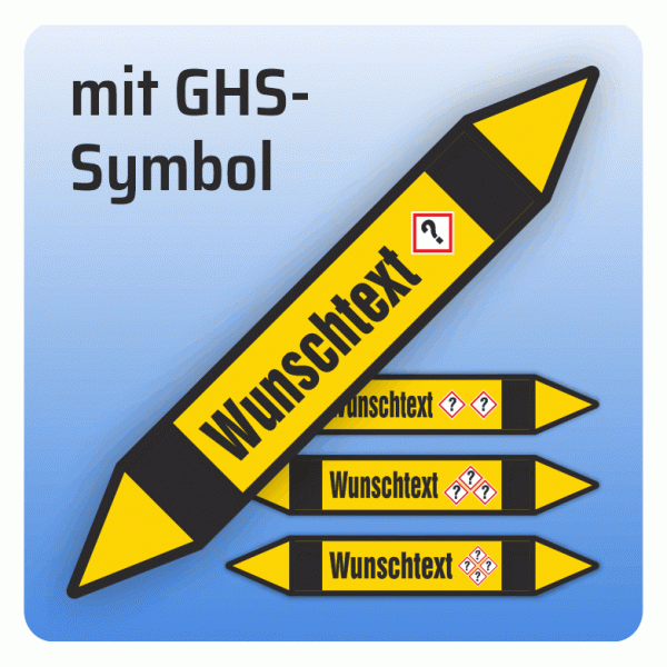 Rohrleitungskennzeichnung Wunschtext und GHS-Symbol nach DIN 2403