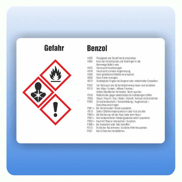 Gefahrstoffaufkleber Benzol für Behälter von 3 bis 50 Liter
