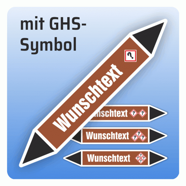 Rohrleitungskennzeichnung Wunschtext und GHS-Symbol nach DIN 2403
