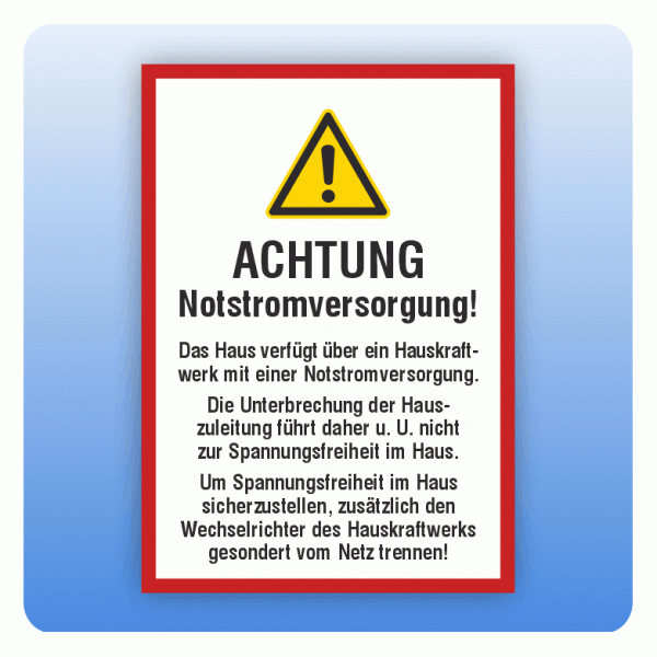 Aufkleber Achtung Notstromversorgung