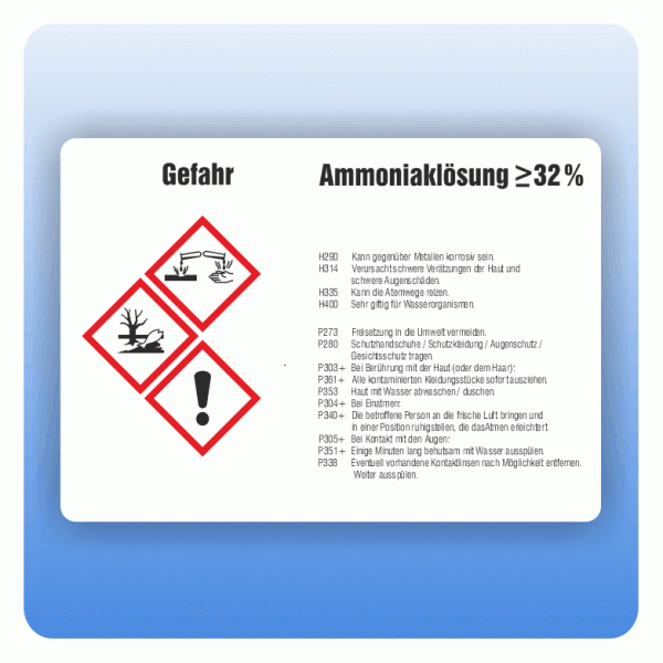 Gefahrstoffaufkleber Ammoniaklösung 32 Prozent für Behälter von 3 bis 50 Liter