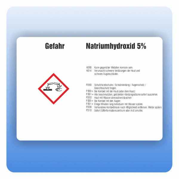 Gefahrstoffaufkleber Natriumhydroxid 5 Prozent für Behälter von 3 bis 50 Liter