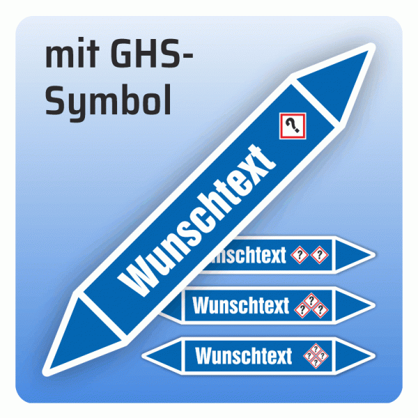 Rohrleitungskennzeichnung Wunschtext und GHS-Symbol nach DIN 2403