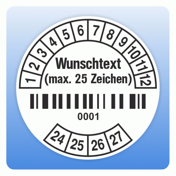 Prüfplakette mit Barcode und Wunschtext