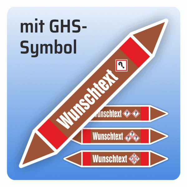 Rohrleitungskennzeichnung Wunschtext und GHS-Symbol nach DIN 2403