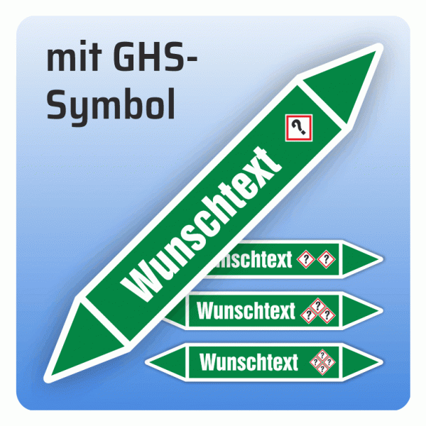 Rohrleitungskennzeichnung Wunschtext und GHS-Symbol nach DIN 2403