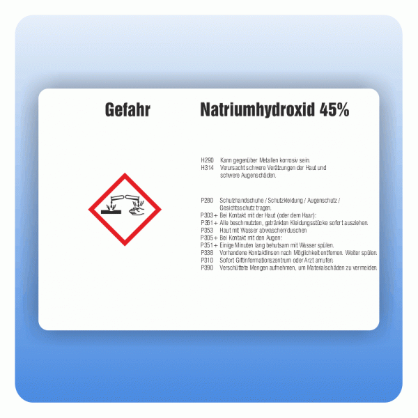 Gefahrstoffaufkleber Natriumhydroxid 45 Prozent für Behälter von 3 bis 50 Liter